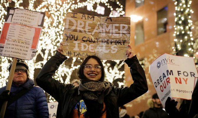 Deferred Action for Childhood Arrivals (DACA) recipient Gloria Mendoza participates in a demonstration in support of "clean" legislation in New York